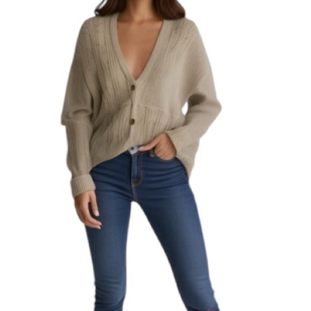 Joie Button Down Cardigan Size L Cable  Knit Beige